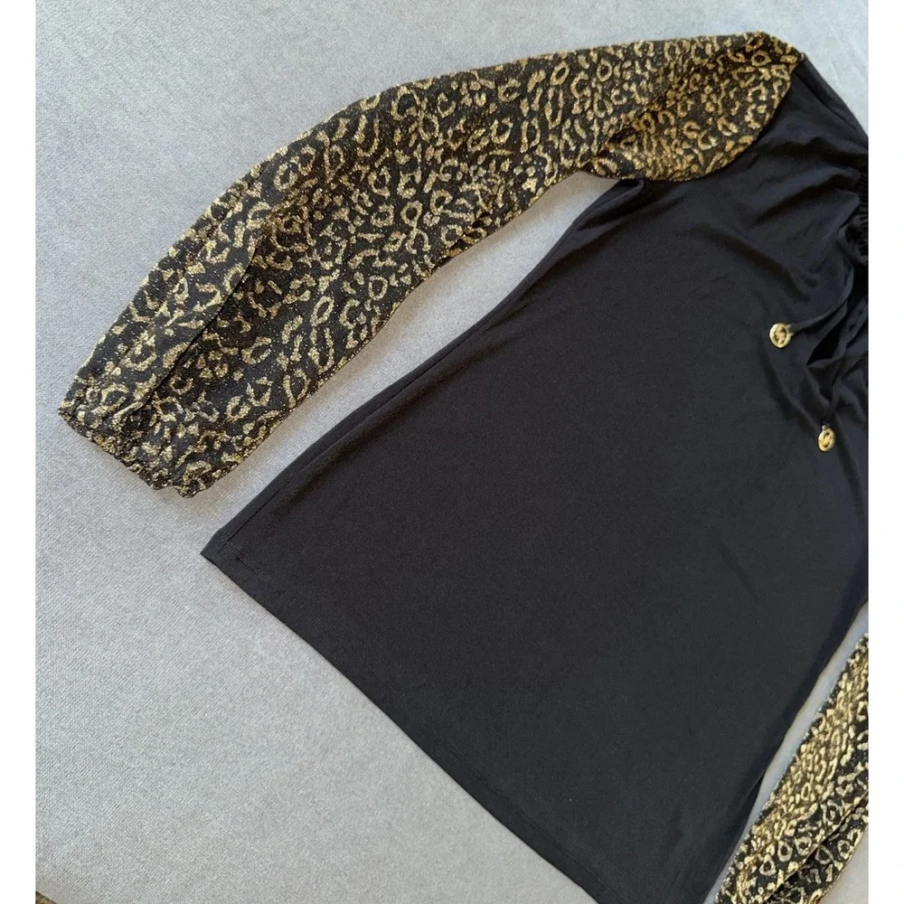NEW Michael Kors Blouse Black Gold Leopard Print Ruffle Tie Neck Long Sleeve Lrg